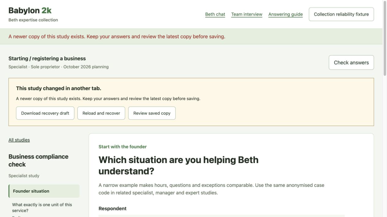 Fictional browser test showing a prominent warning that another tab changed the study, with options to download the recovery draft, reload and recover, or review the saved copy